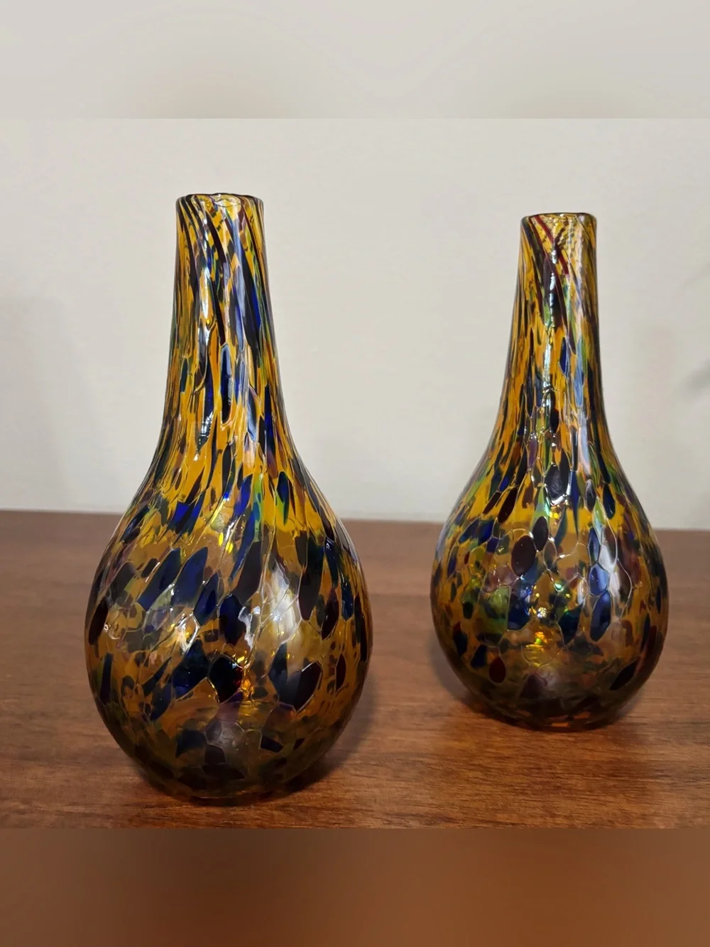 Murano Style Hand Blown Art Glass Bud Vases 8” Tall Set Of 2 Speckled
